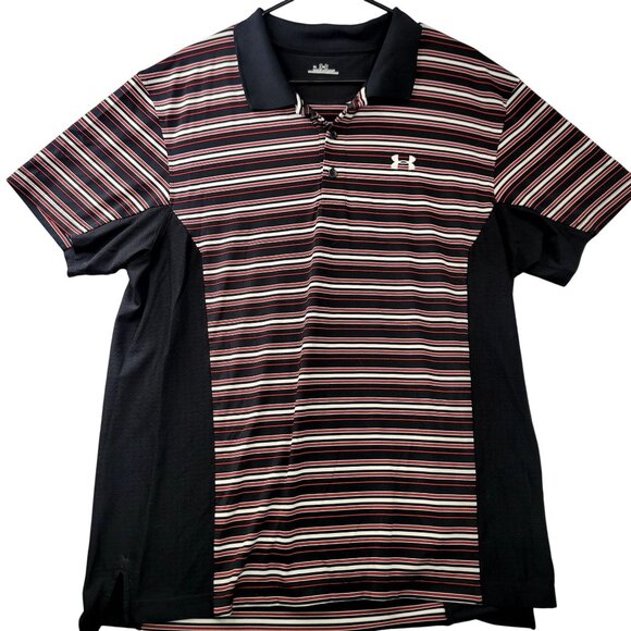Under Armour Mens XL Striped Polo Shirt Black Red Performance Golf Apparel - Picture 1 of 9
